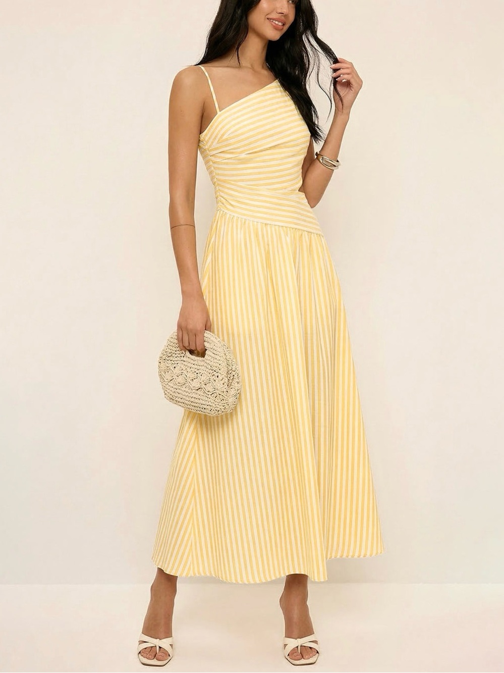 Commense Yellow White Stripe One Shoulder Midi Dress Cutout Pleated Size L